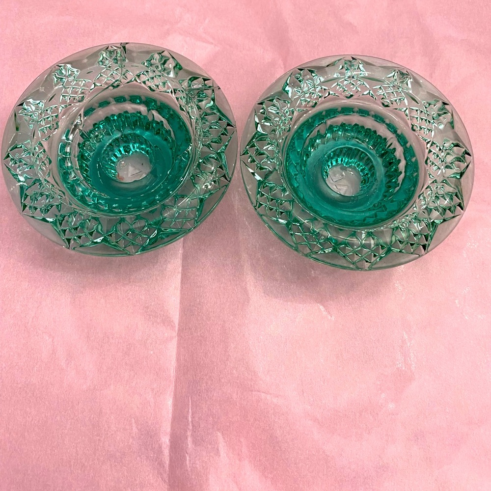 VINTAGE TURQUOISE CANDLE HOLDERS BY BALI GLASS INDONESIA